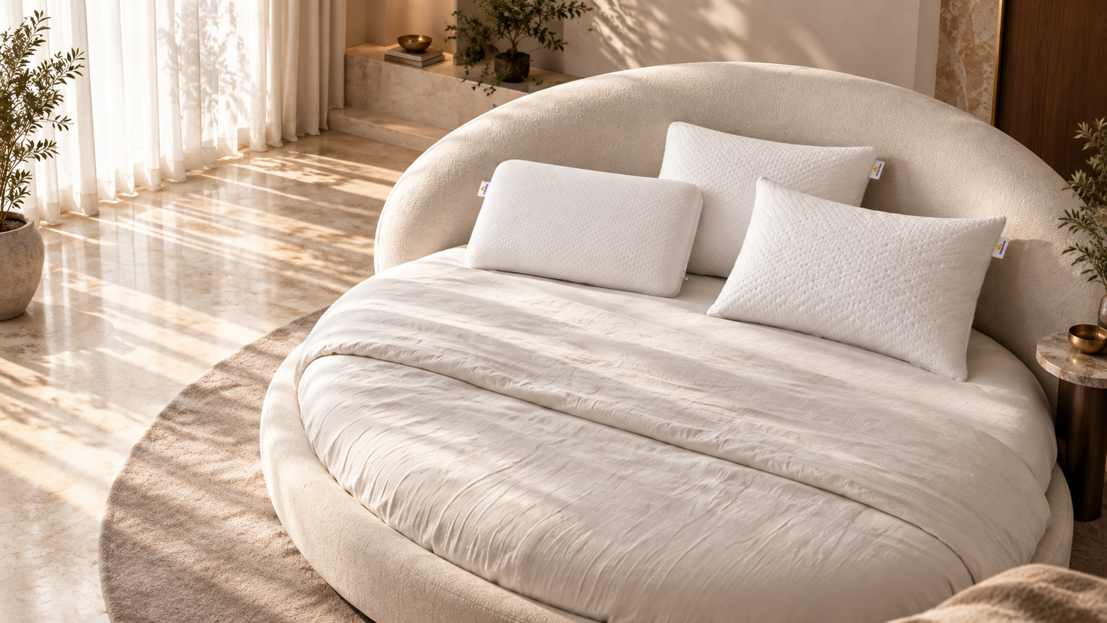 Three sleepmonk pillows arranged on a round bed in a sunlit room